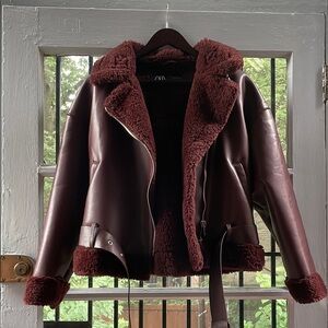 Never Worn Burgundy Shearling Faux Leather Jacket